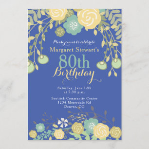 Invitation Royal Blue Green Floral Jaune 80e anniversaire