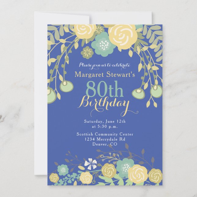 Invitation Royal Blue Green Jaune Floral 80e anniversaire (Devant)