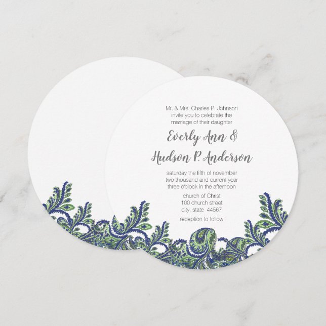 Invitation Royal Blue & Green Paisley Peacock Wedding Invitat (Devant / Derrière)