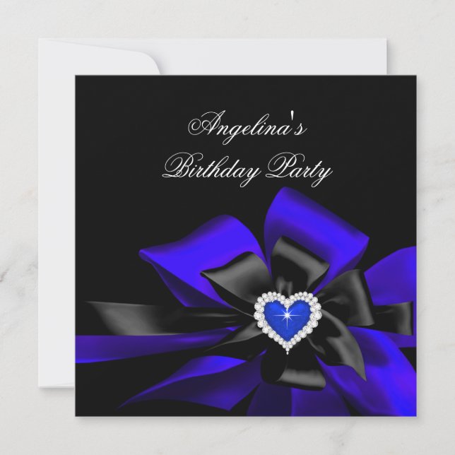 Invitation Royal Blue Heart Black Bow Image Anniversaire (Devant)