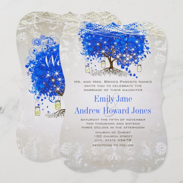 Invitation Royal Blue Heart Leaf Tree Mariage Fairytale (Devant / Derrière)