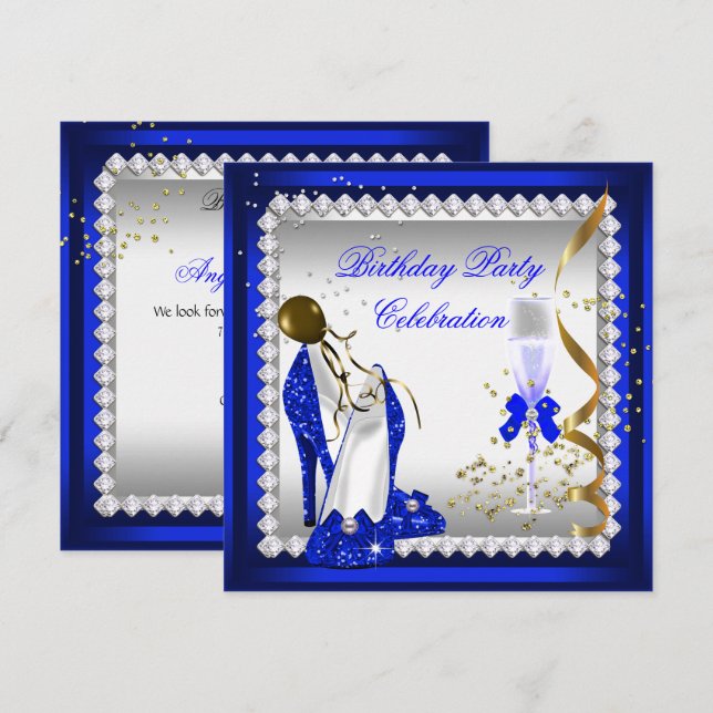 Invitation Royal Blue Heels Gold Champagne fête d'anniversair (Devant / Derrière)