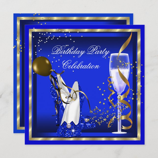 Invitation Royal Blue Heels Gold Parties scintillant fête d'a (Devant / Derrière)