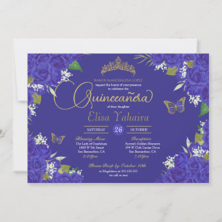 Invitation Royal Blue Indigo Rose Tiara Butterfly Quinceanera