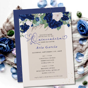 Invitation Royal Blue Ivory Floral Roses Quinceanera et messe