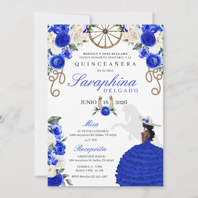 Invitation Royal Blue & Ivory Rose Western Quinceañera (Devant)