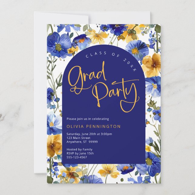 Invitation Royal Blue Jaune Fleur sauvage Grad Party Invitati (Devant)