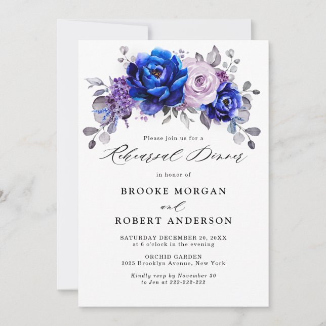 Invitation Royal Blue Lilac Purple Floral Dîner de répétition (Devant)