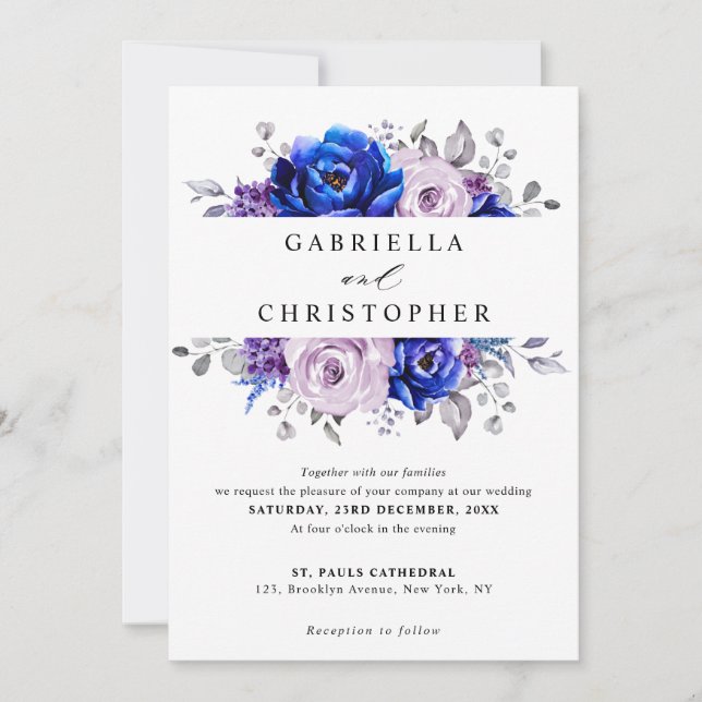 Invitation Royal Blue Lilac Purple Floral Mariage (Devant)