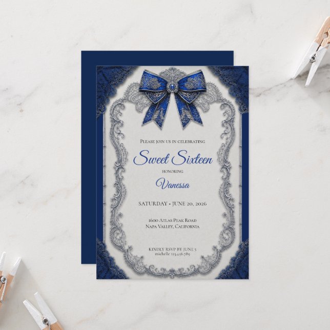 Invitation Royal Blue Luxe Argent Sweet 16 (Devant/Arrière en situation)