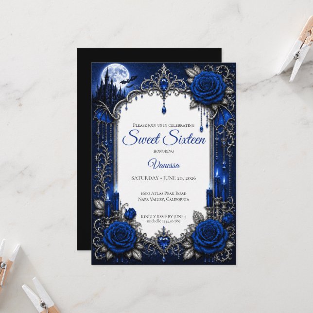 Invitation Royal Blue Luxe Argent Sweet 16 (Devant/Arrière en situation)