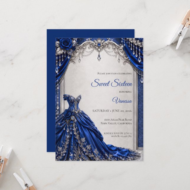 Invitation Royal Blue Luxe Argent Sweet 16 (Devant/Arrière en situation)