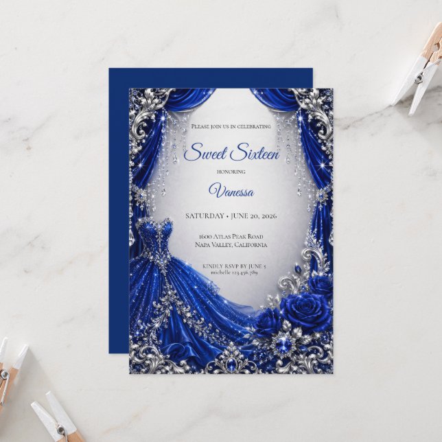 Invitation Royal Blue Luxe Argent Sweet 16 (Devant/Arrière en situation)
