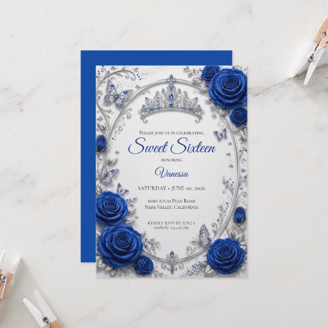 Invitation Royal Blue Luxe Argent Sweet 16 (Devant/Arrière en situation)