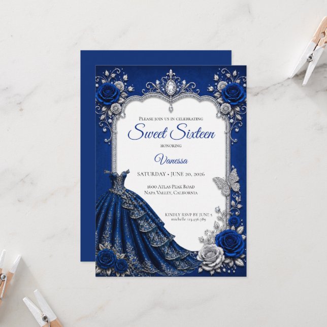 Invitation Royal Blue Luxe Argent Sweet 16 (Devant/Arrière en situation)