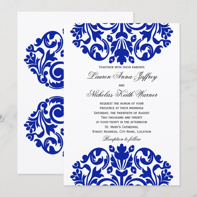 Invitation Royal Blue Mariage damassé (Devant / Derrière)