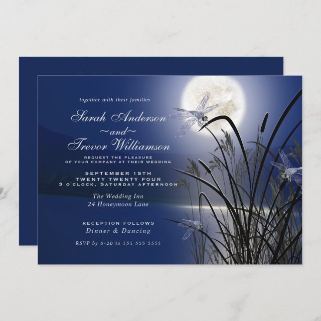 Invitation Royal Blue Mariage Pleine lune Dragonfly Pond (Devant / Derrière)