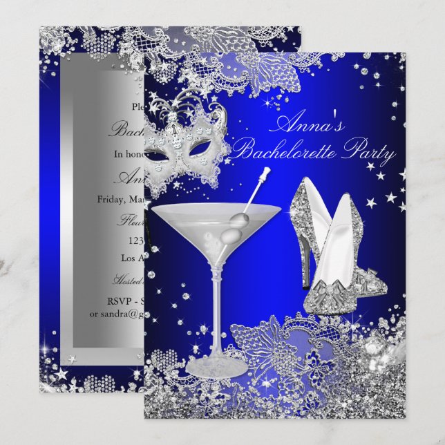 Invitation Royal Blue Mask & Jewel Lace Bachelorette Party (Devant / Derrière)