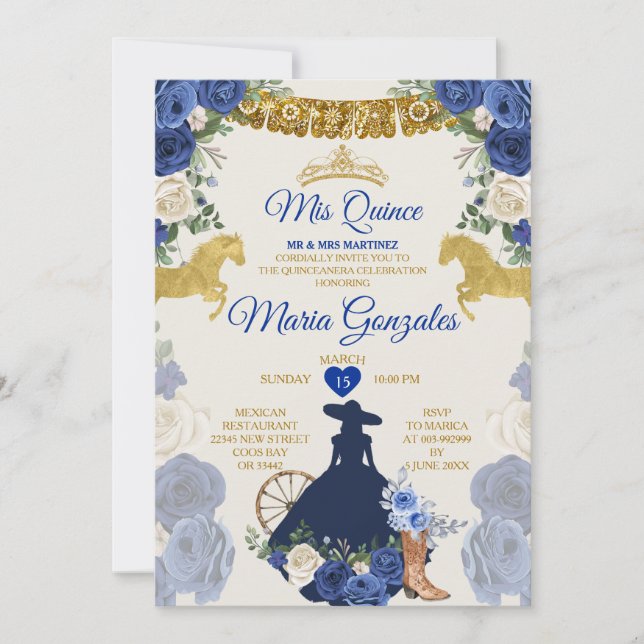 Invitation Royal Blue Mis Quince 15 Anos Gold Crown (Devant)