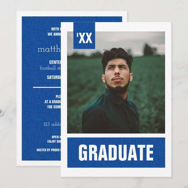 Invitation Royal Blue Modern Textured Photo Graduation (Devant / Derrière)