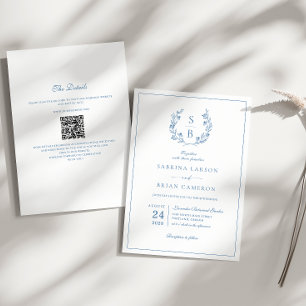 Invitation Royal Blue Monogram Wreath QR Code Mariage