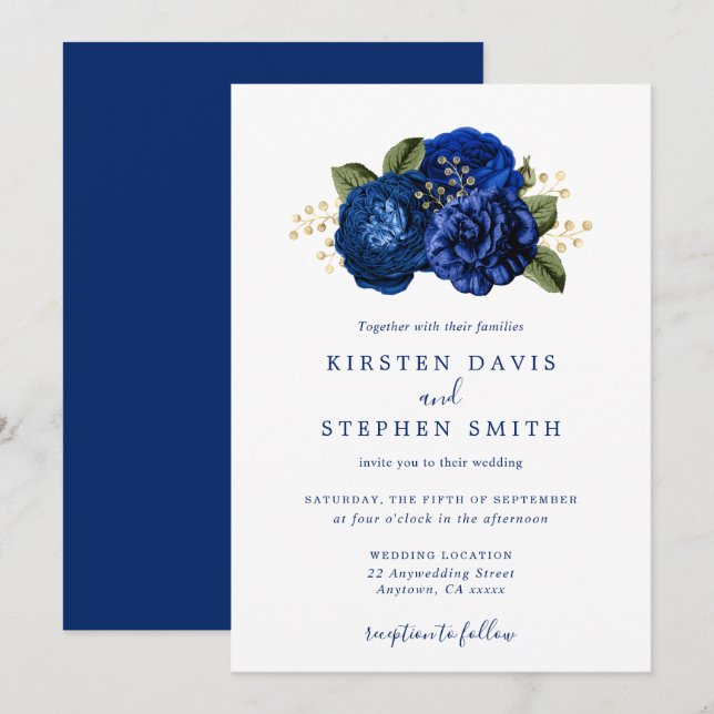 Invitation Royal Blue Navy Gold Floral Mariage de automne d'h (Devant / Derrière)