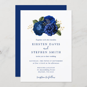 Invitation Royal Blue Navy Gold Floral Mariage de automne d'h