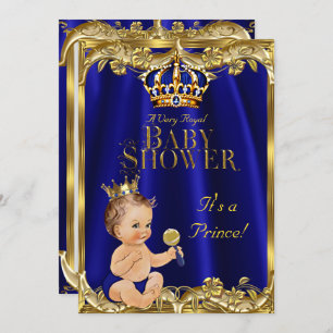 Invitation Royal Blue Navy Gold Prince Baby shower Brunette