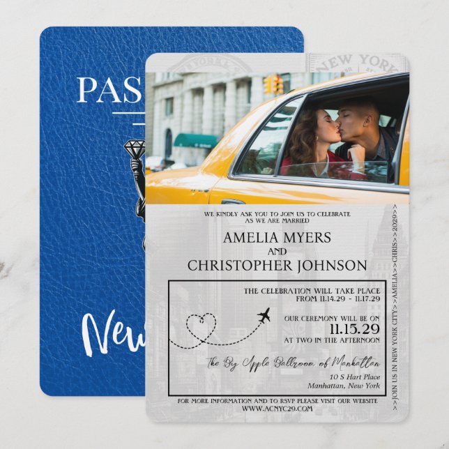 Invitation Royal Blue New York City Passport Mariage (Devant / Derrière)