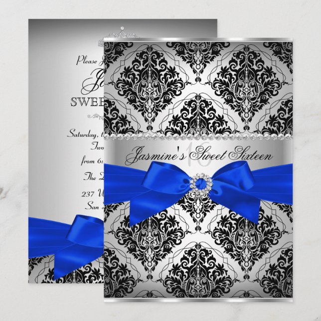 Invitation Royal Blue & Noir Damask pour Sweet 16 (Devant / Derrière)