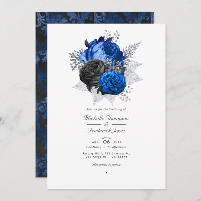 Invitation Royal Blue, noir et argent Floral QR Code Mariage (Devant / Derrière)