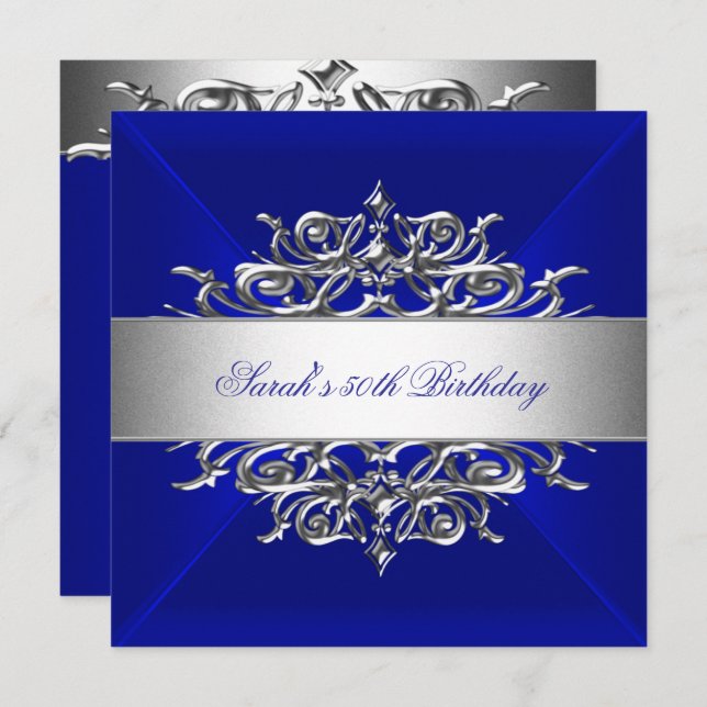 Invitation Royal Blue On Silver 50th Birthday Party (Devant / Derrière)