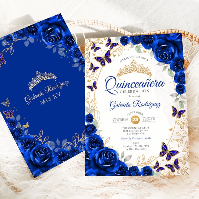 Invitation Royal Blue Or Floral Quinceanera (Créateur téléchargé)