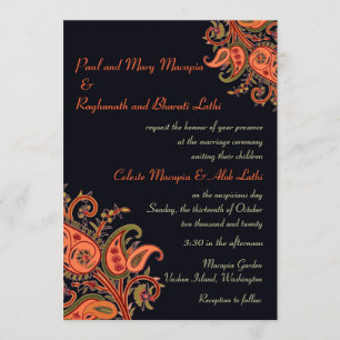 Invitation Royal Blue Orange Paisley Floral Mariage indien
