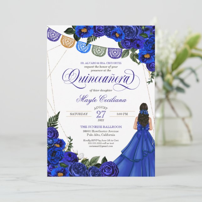 Invitation Royal Blue Papel Picado Quinceañera 15e anniversai (Debout devant)