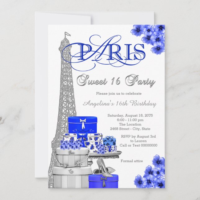 Invitation Royal Blue Paris Sweet 16 Party (Devant)