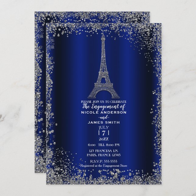 Invitation Royal Blue Parties scintillant Argent Tour Eiffel  (Devant / Derrière)
