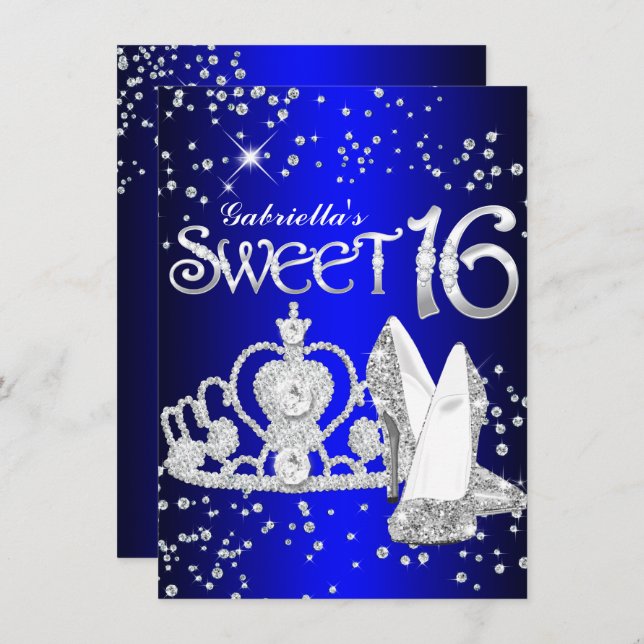 Invitation Royal Blue Parties scintillant Tiara & Heels Sweet (Devant / Derrière)