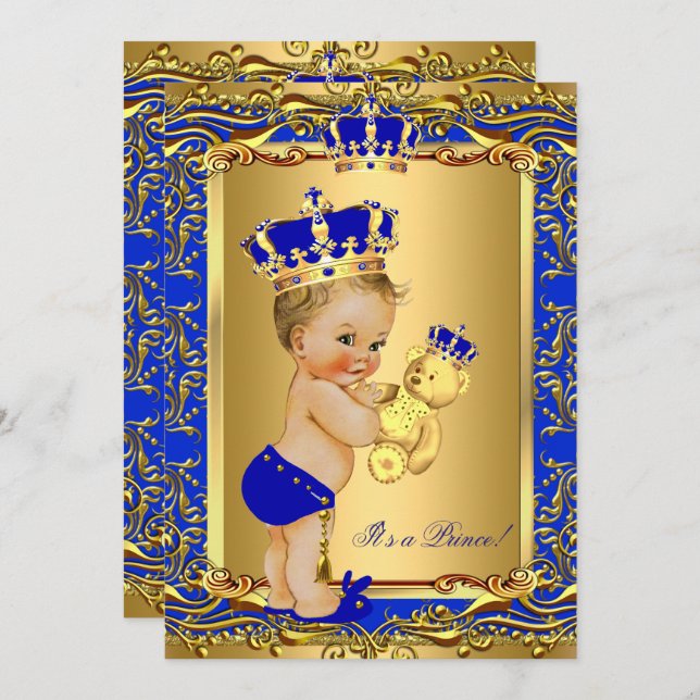 Invitation Royal Blue Prince Baby shower de la couronne Blond (Devant / Derrière)