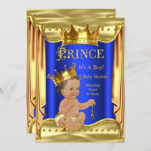 Invitation Royal Blue Prince Baby shower Gold Brunette Boy
