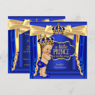 Invitation Royal Blue Prince Baby shower Gold Couronne Brunet