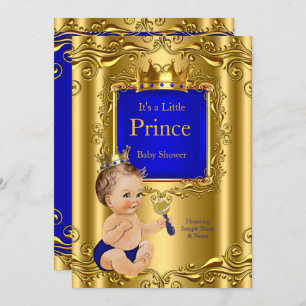 Invitation Royal Blue Prince Baby shower Gold Couronne Brunet