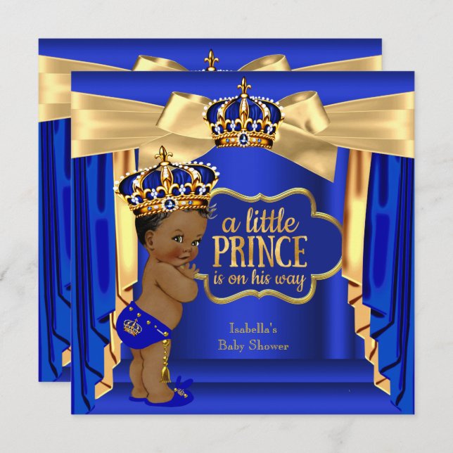 Invitation Royal Blue Prince Baby shower Gold Crown (Devant / Derrière)