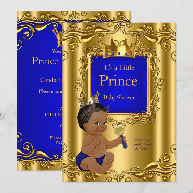 Invitation Royal Blue Prince Baby shower Gold Crown (Devant / Derrière)