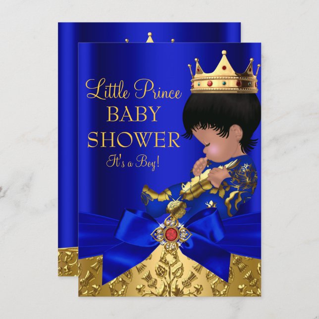 Invitation Royal Blue Prince Boy Baby shower Africain América (Devant / Derrière)