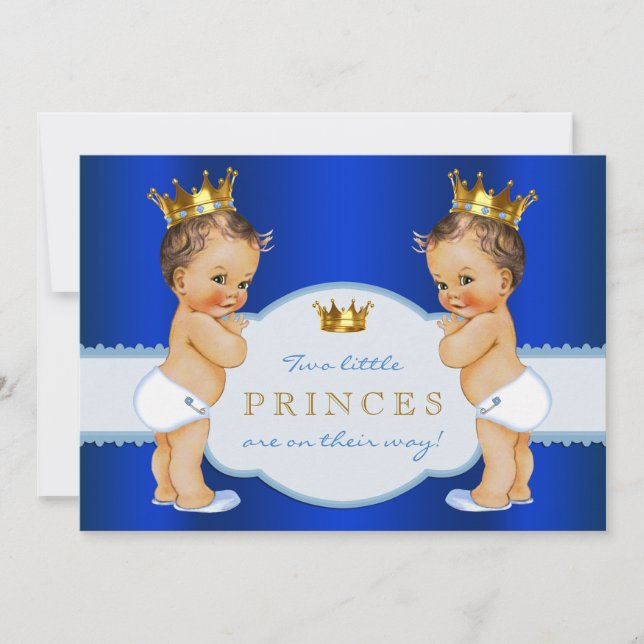Invitation Royal Blue Prince Twin Boy Baby shower (Devant)