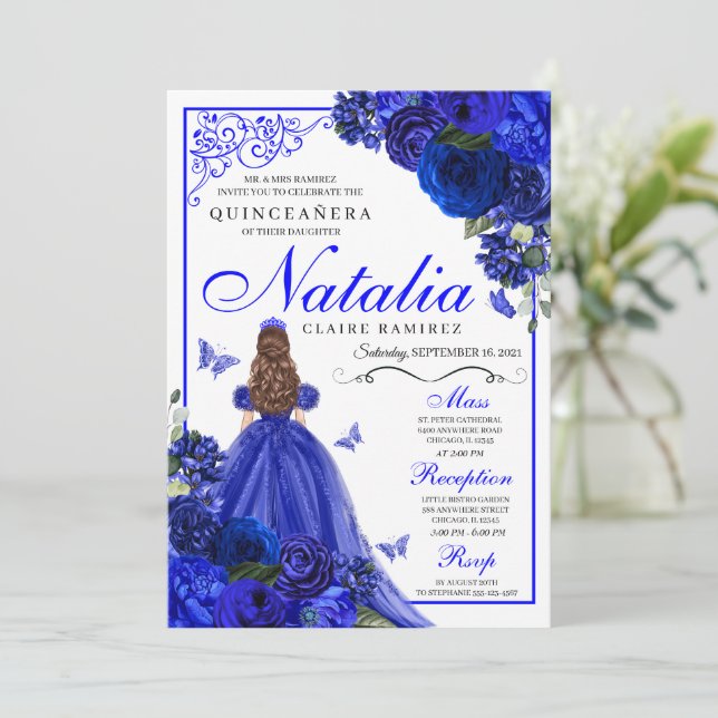 Invitation Royal Blue Princess & Butterflies Quinceañera (Debout devant)