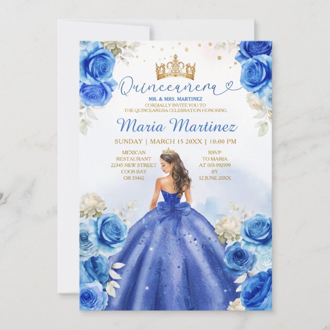 Invitation Royal Blue Princess Floral Gold Crown Quinceañera (Devant)