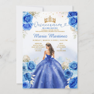 Invitation Royal Blue Princess Floral Gold Crown Quinceañera