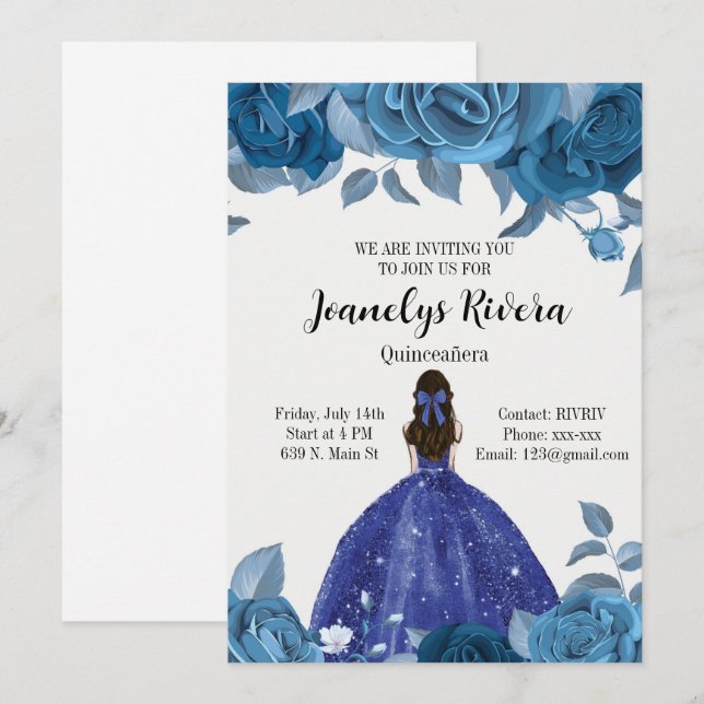 Invitation Royal Blue Quinceañera (Devant / Derrière)